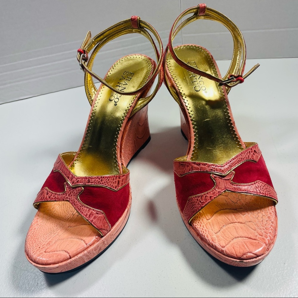 Franco Sarto Red and Pink Faux Snakeskin Ankle Wrap Wedges 8 - Picture 3 of 12